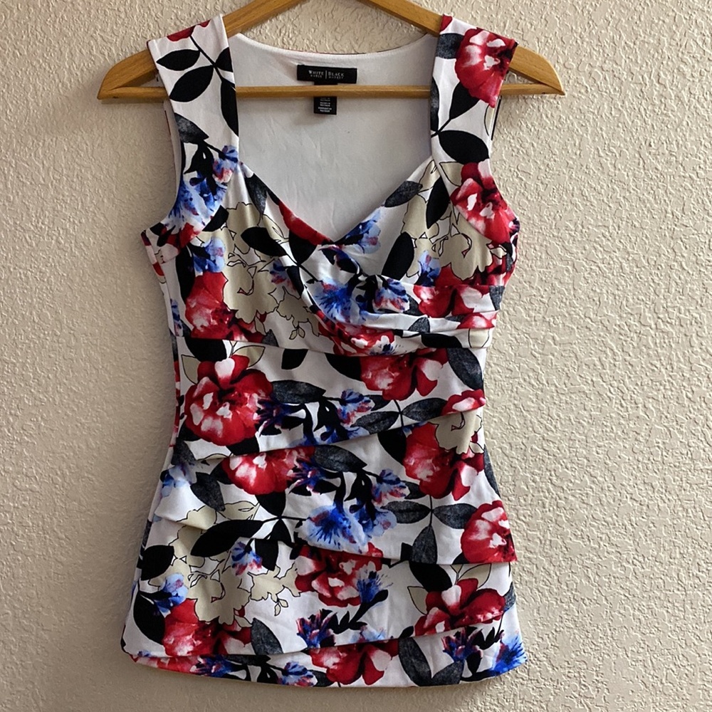 White House Black Market Floral Sleeveless Blouse - Red, Blue, Black, White